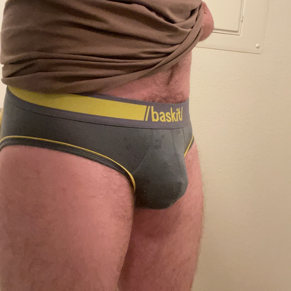 Grey men’s jock. Size small, clean but few stains